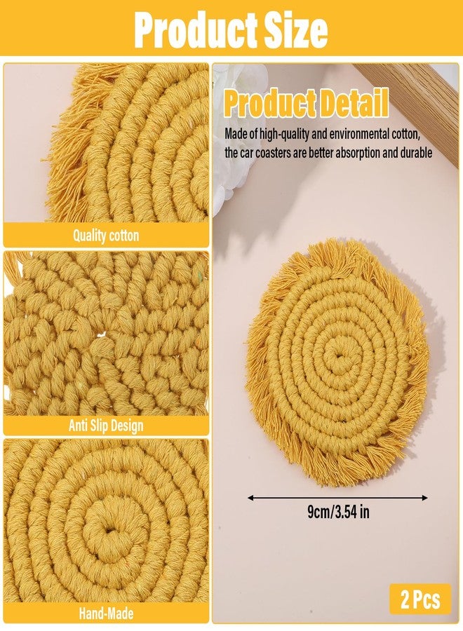 Guduling 2pcs Car Cup Holder Coasters, Cotton Coaster for Car, Absorbent, 3.54 in Boho Cars Cupholder Coaster with Macrame for Women （Sunshine Yellow） - Image 3